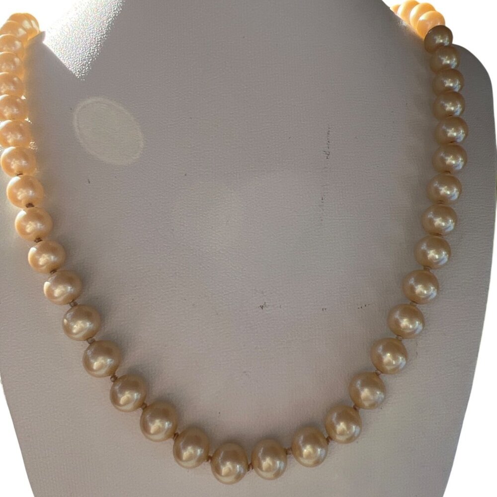 Vintage Glass Champagne Faux Pearl Necklace Sterling Silver Clast Knotted Estate